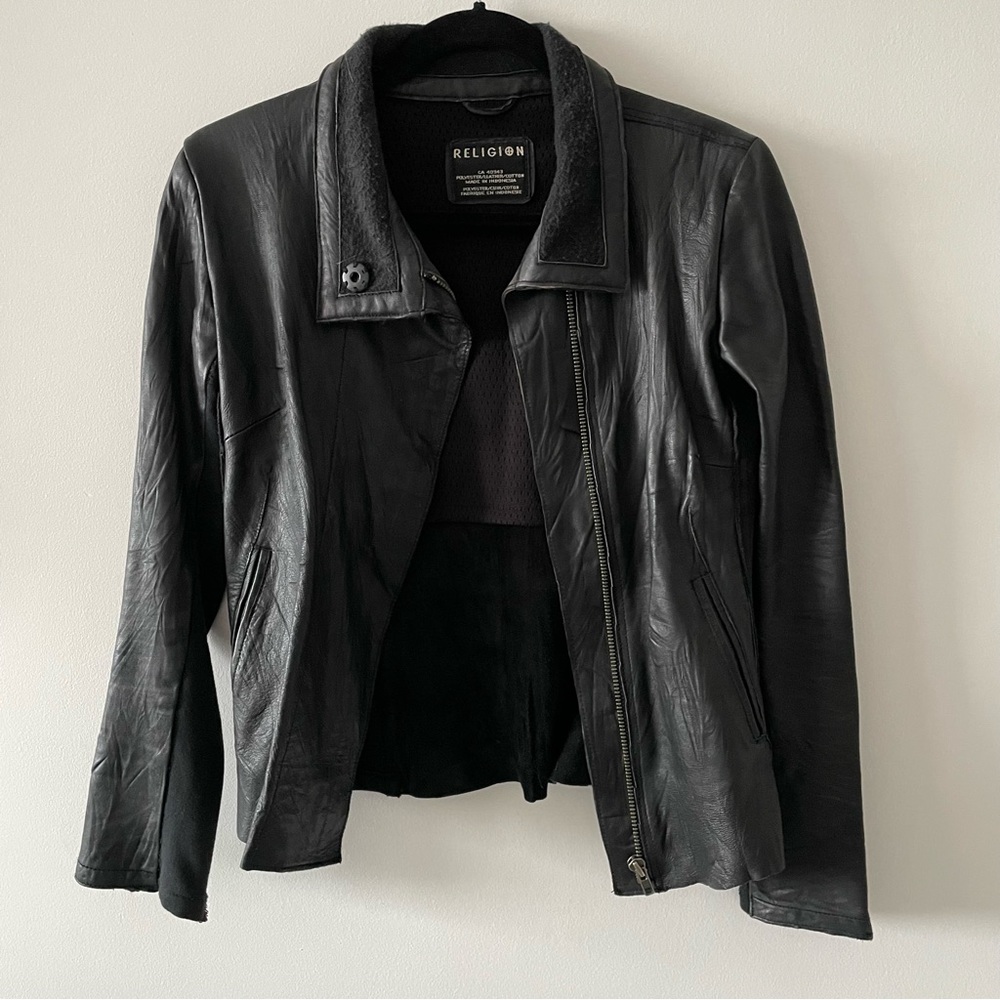 Religion black long sleeve leather jacket size XS/EU 36 zipper & belt